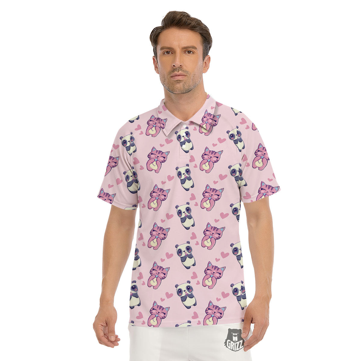 Cat And Panda Lover Print Pattern Men's Golf Shirts-grizzshop