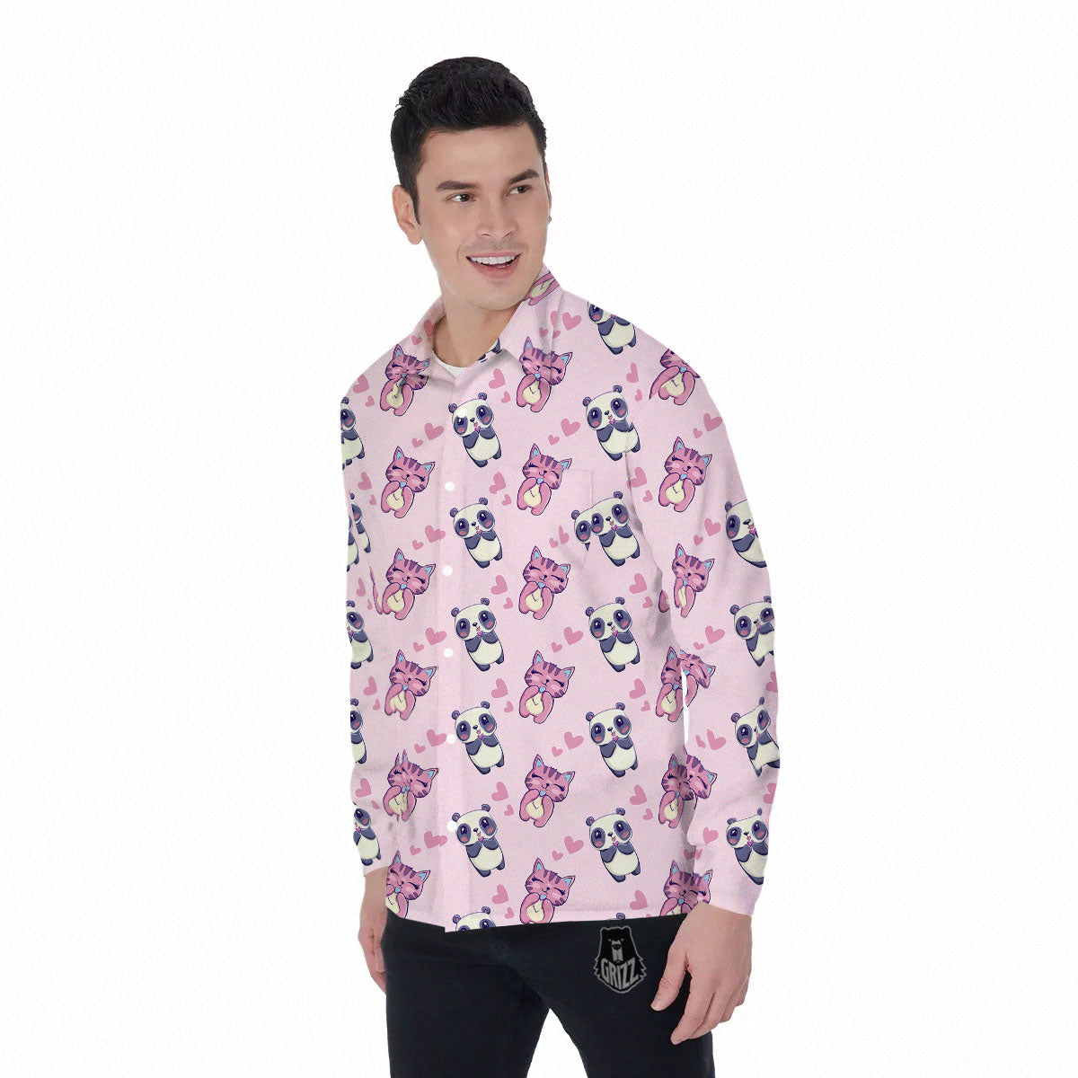 Cat And Panda Lover Print Pattern Men's Long Sleeve Shirts-grizzshop