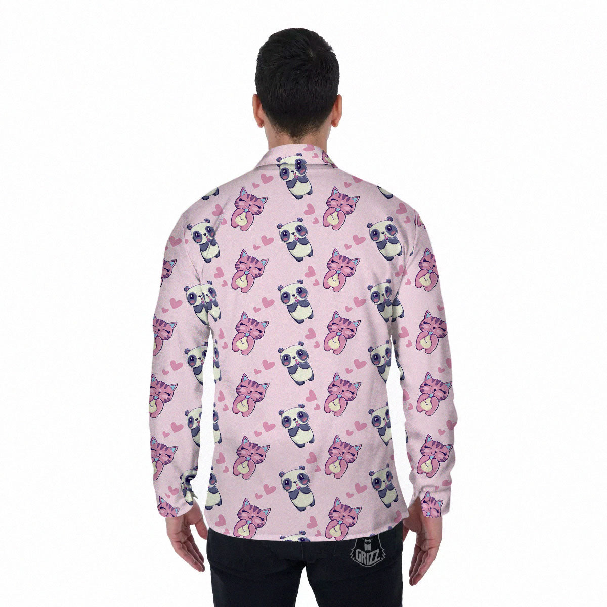 Cat And Panda Lover Print Pattern Men's Long Sleeve Shirts-grizzshop