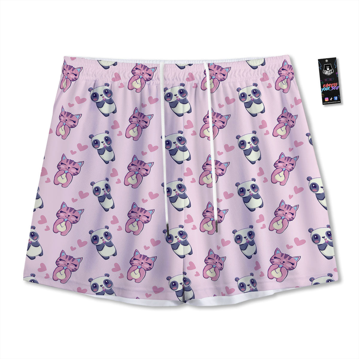 Cat And Panda Lover Print Pattern Mesh Shorts
