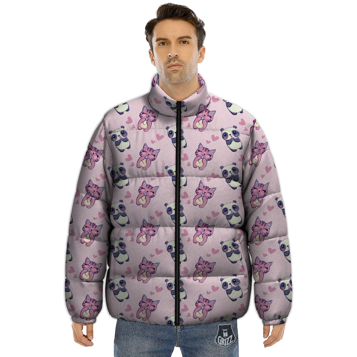 Cat And Panda Lover Print Pattern Puffer Jacket-grizzshop