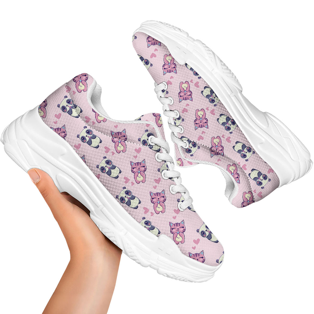 Cat And Panda Lover Print Pattern White Chunky Shoes-grizzshop