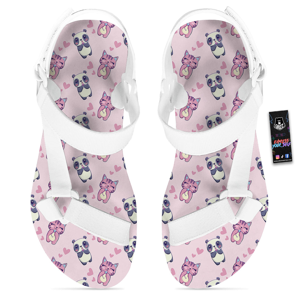Cat And Panda Lover Print Pattern White Open Toe Sandals-grizzshop