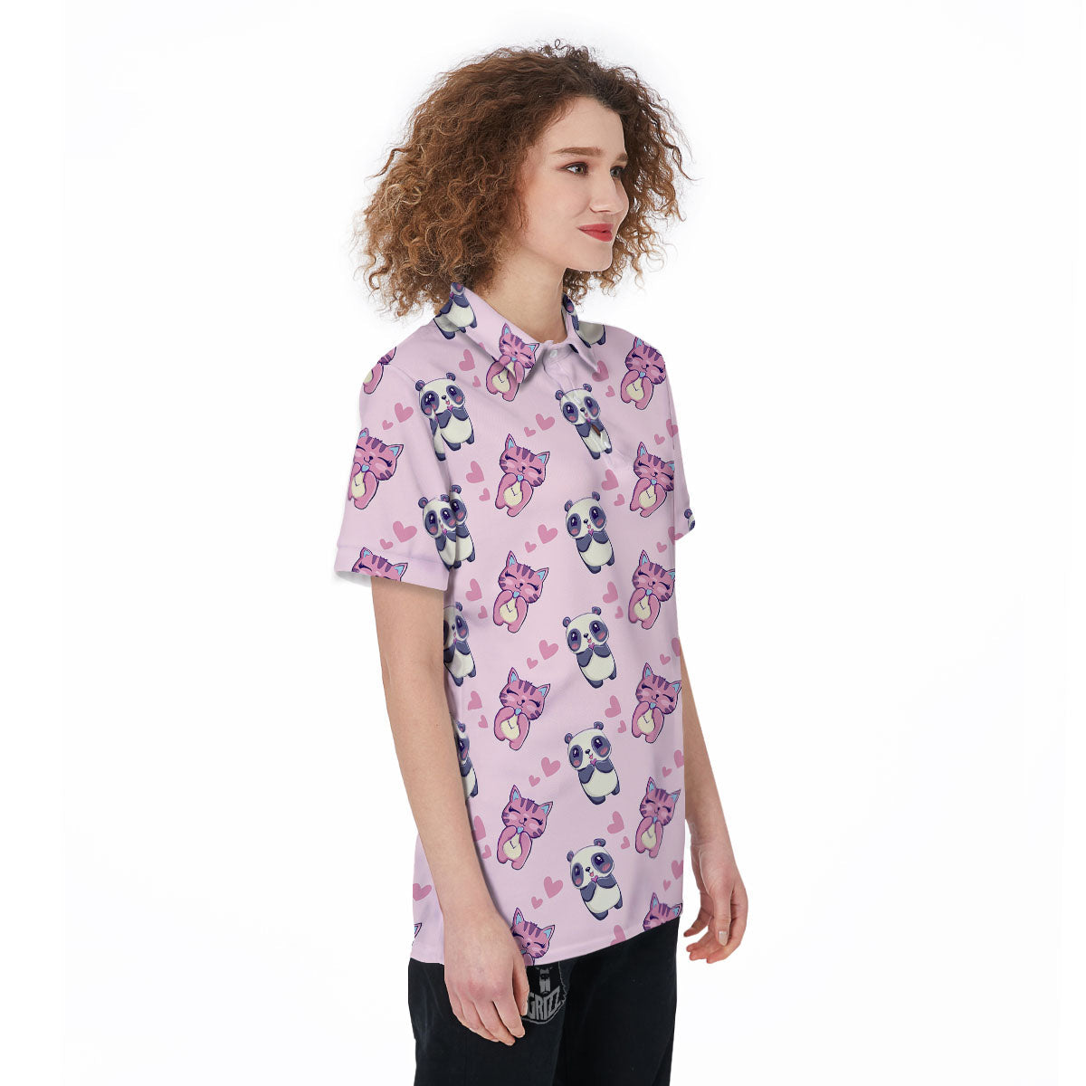 Cat And Panda Lover Print Pattern Women's Golf Shirts-grizzshop