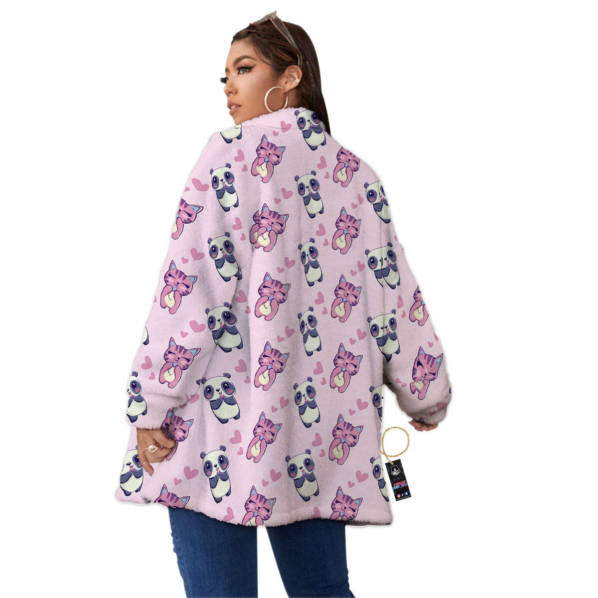 Cat And Panda Lover Print Pattern Women's Sherpa Jacket-grizzshop