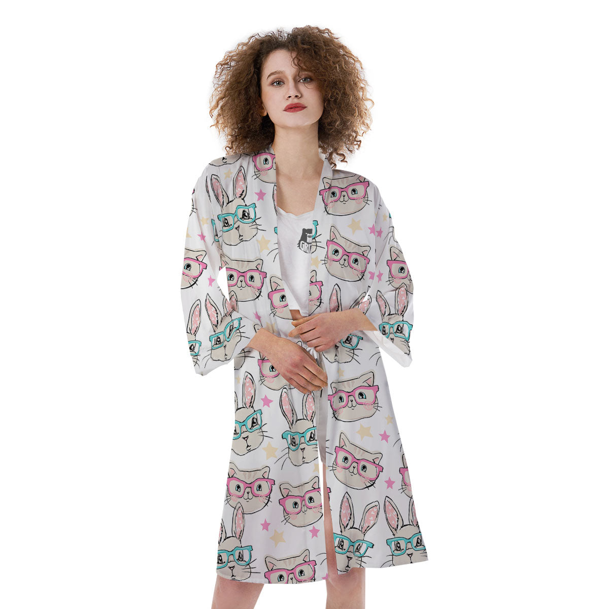 Cat And Rabbit Print Pattern Kimono-grizzshop