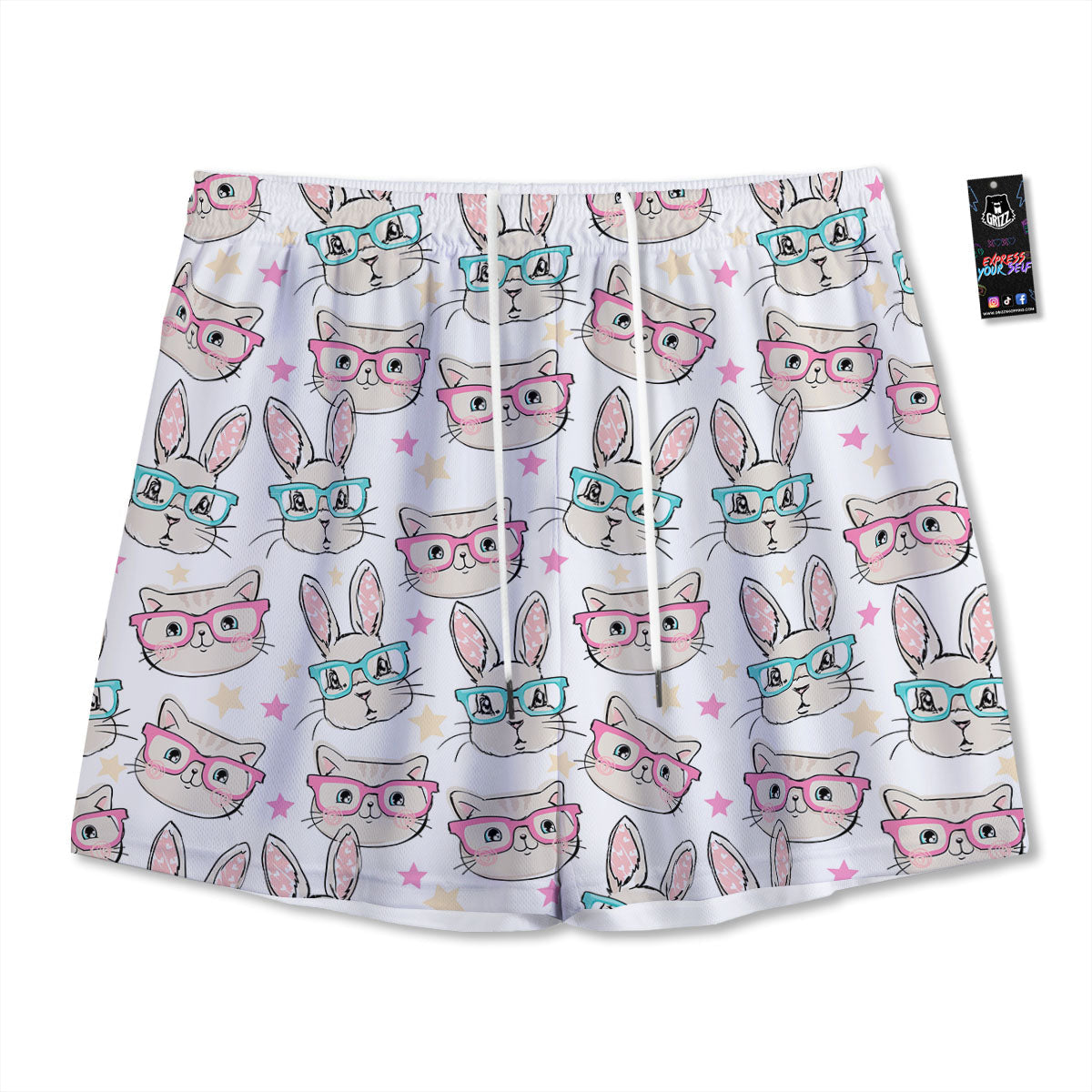 Cat And Rabbit Print Pattern Mesh Shorts-grizzshop