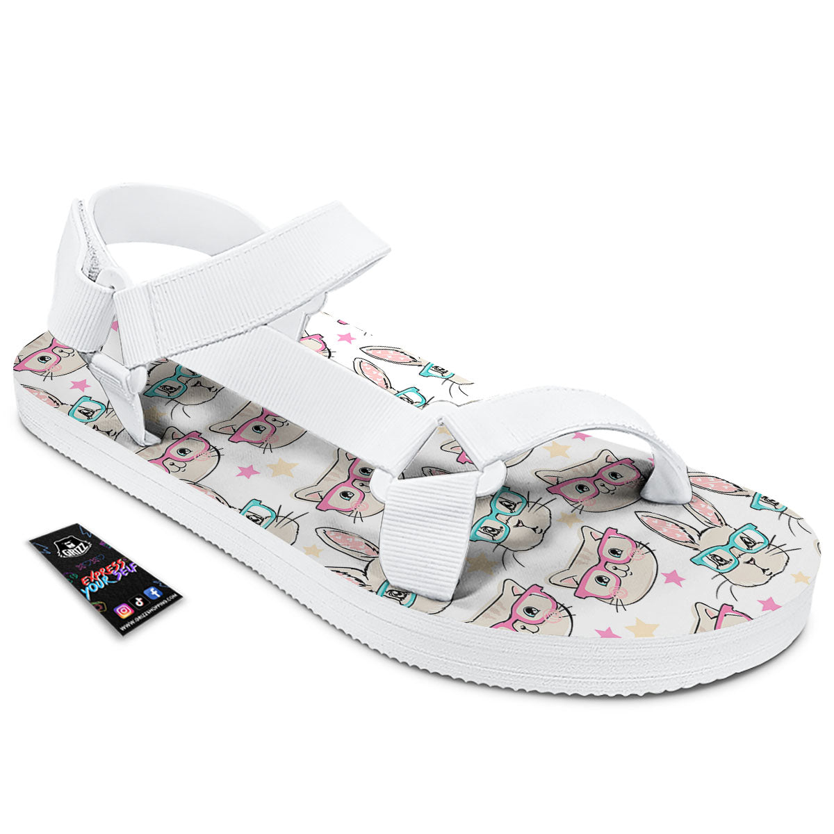 Cat And Rabbit Print Pattern White Open Toe Sandals-grizzshop