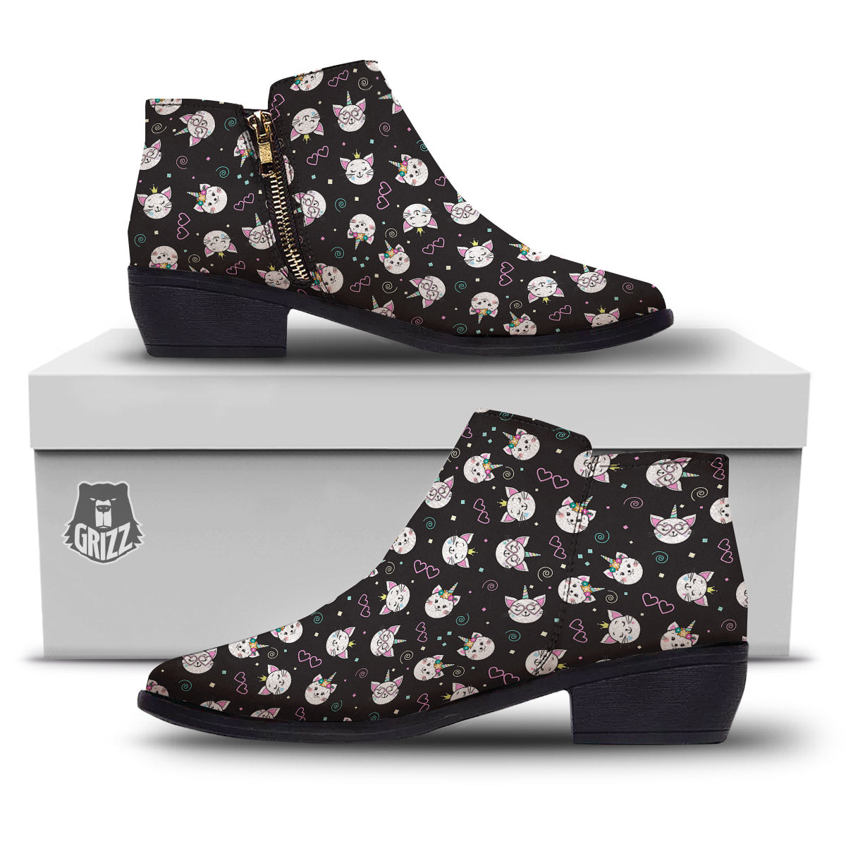 Cat Cute Black Print Pattern Ankle Boots-grizzshop