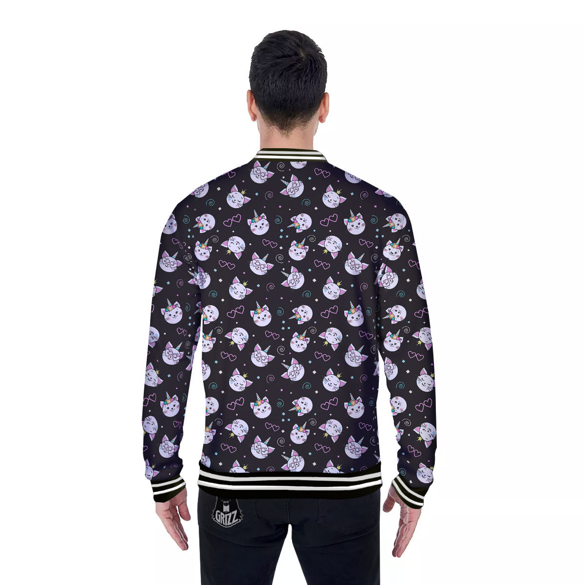 Cat Cute Black Print Pattern Baseball Jacket-grizzshop