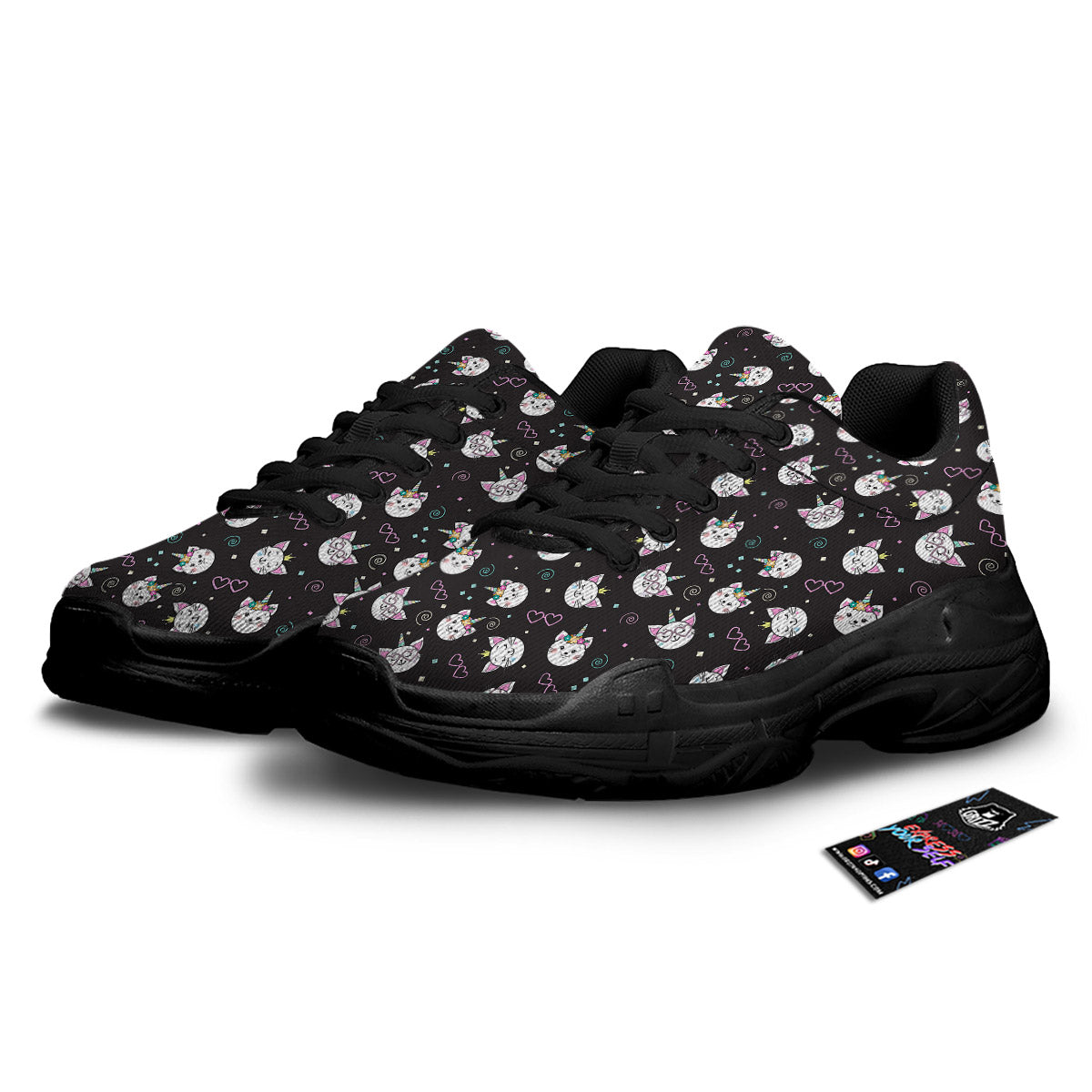 Cat Cute Black Print Pattern Black Chunky Shoes-grizzshop