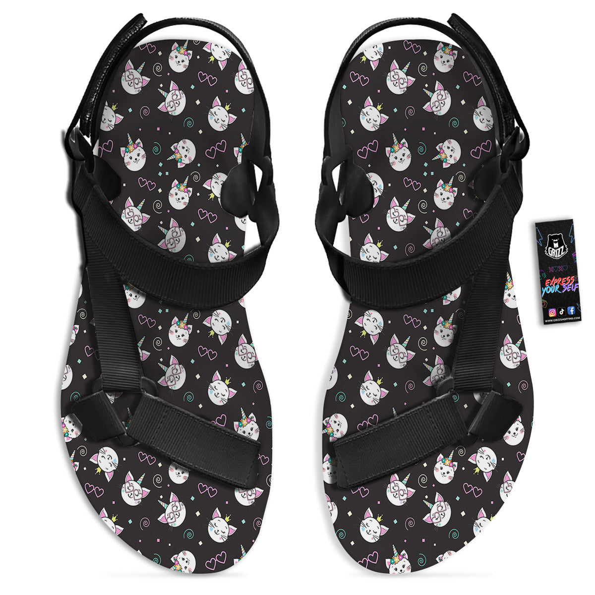 Cat Cute Black Print Pattern Black Open Toe Sandals-grizzshop