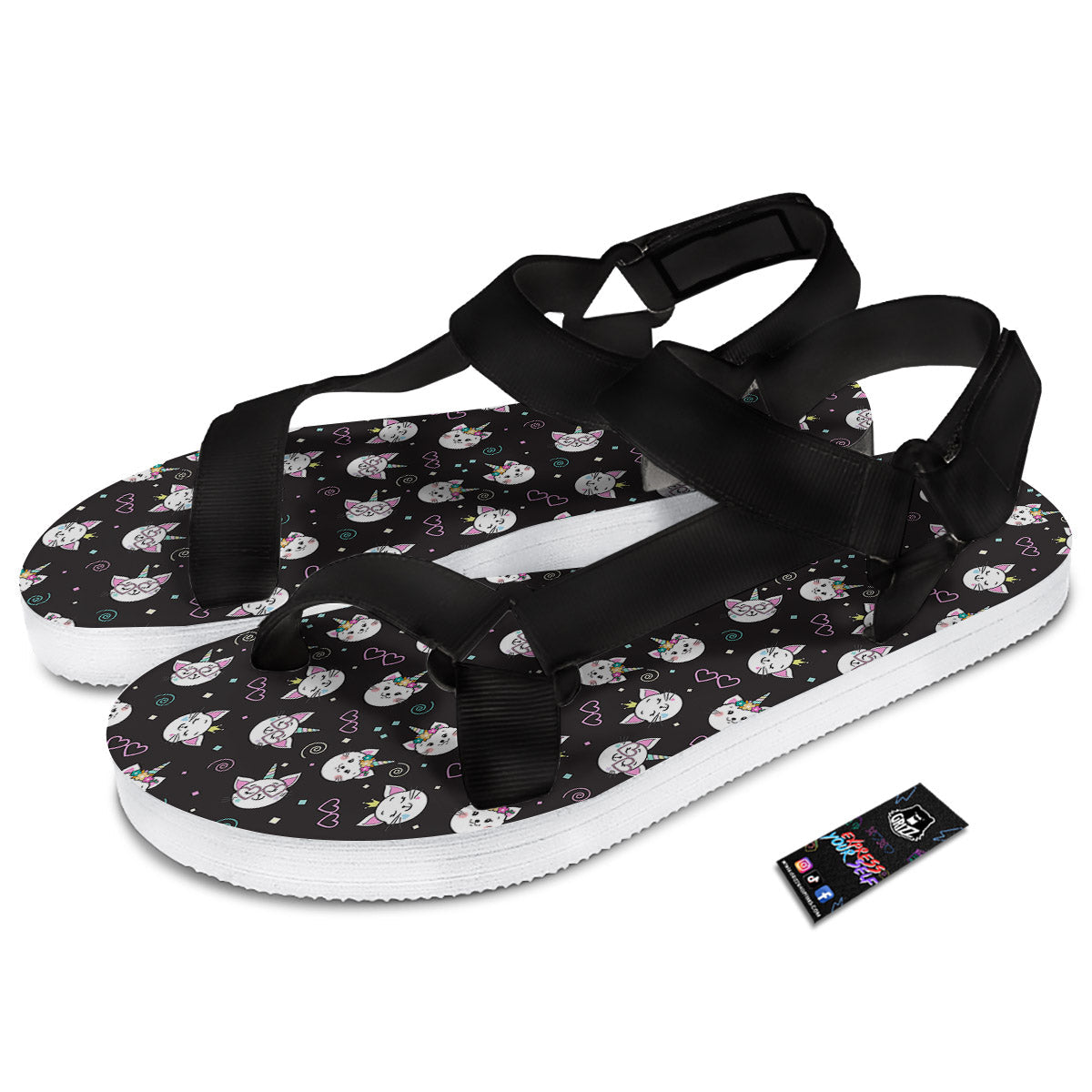 Cat Cute Black Print Pattern Black Open Toe Sandals-grizzshop