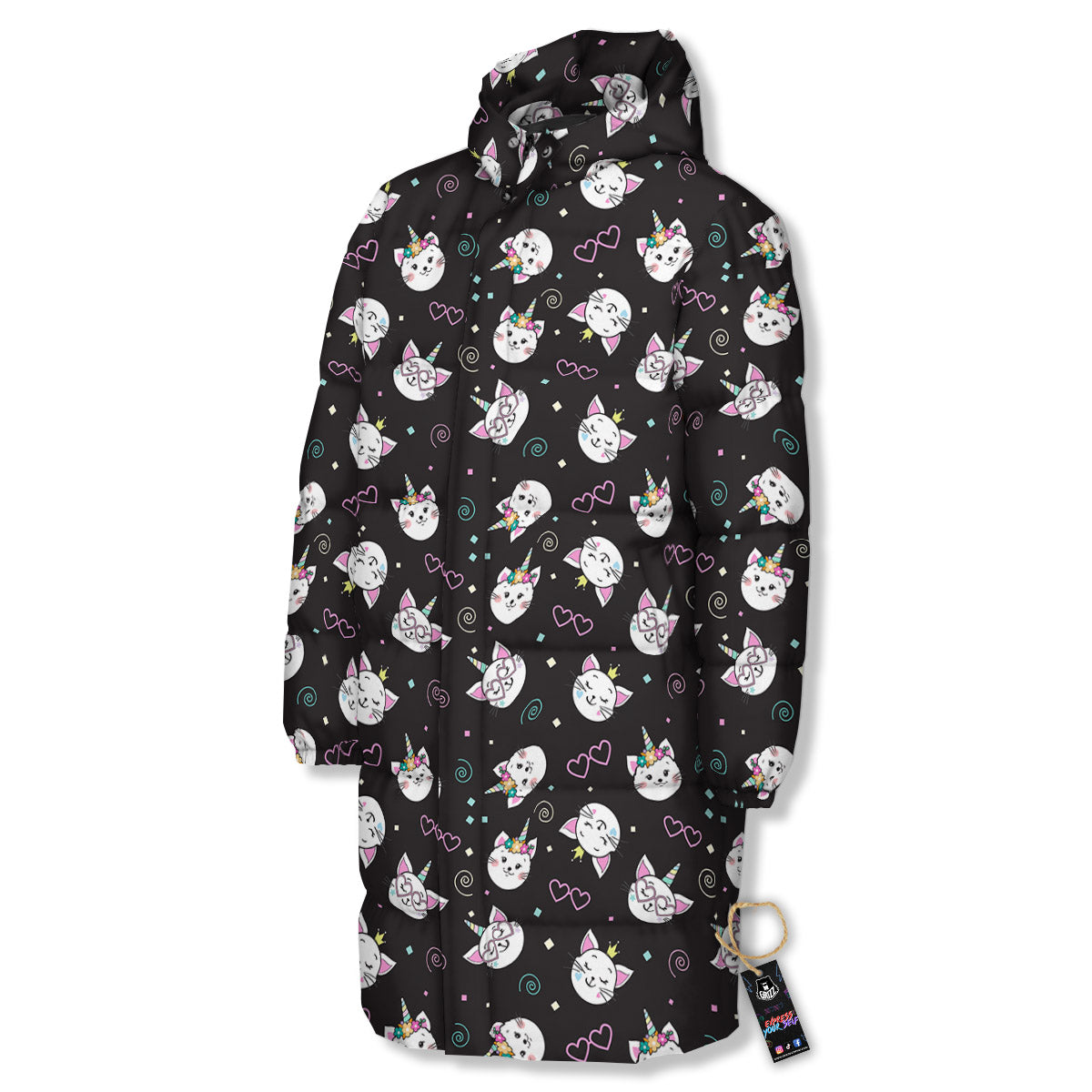 Cat Cute Black Print Pattern Long Down Jacket-grizzshop