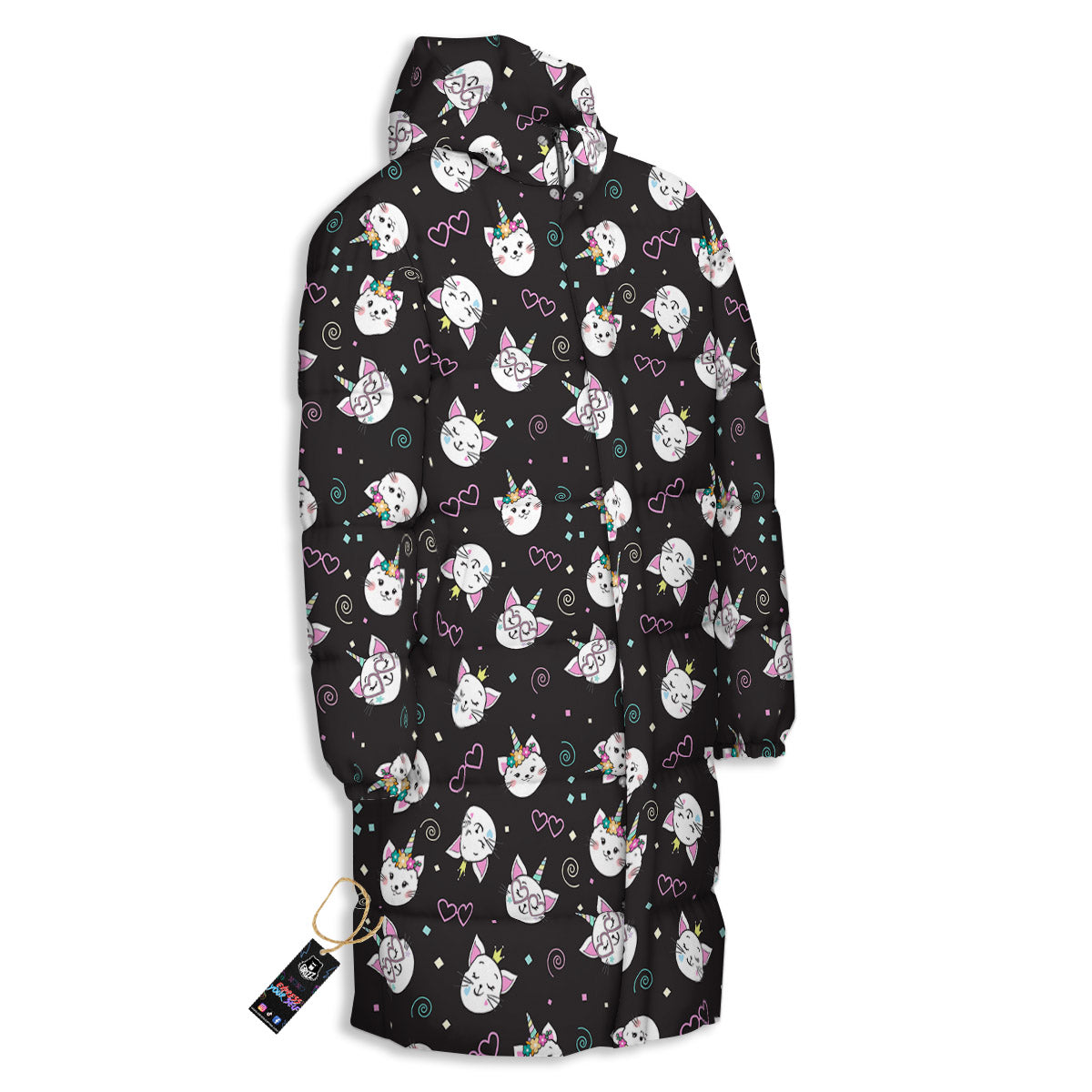 Cat Cute Black Print Pattern Long Down Jacket-grizzshop
