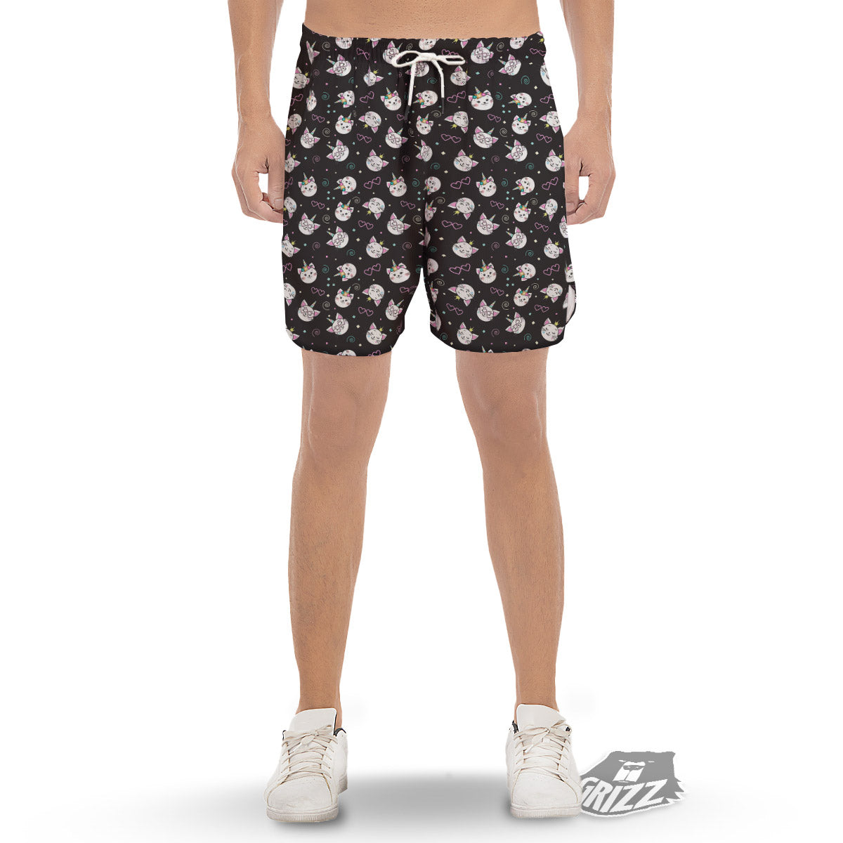 Cat Cute Black Print Pattern Men's Gym Shorts-grizzshop