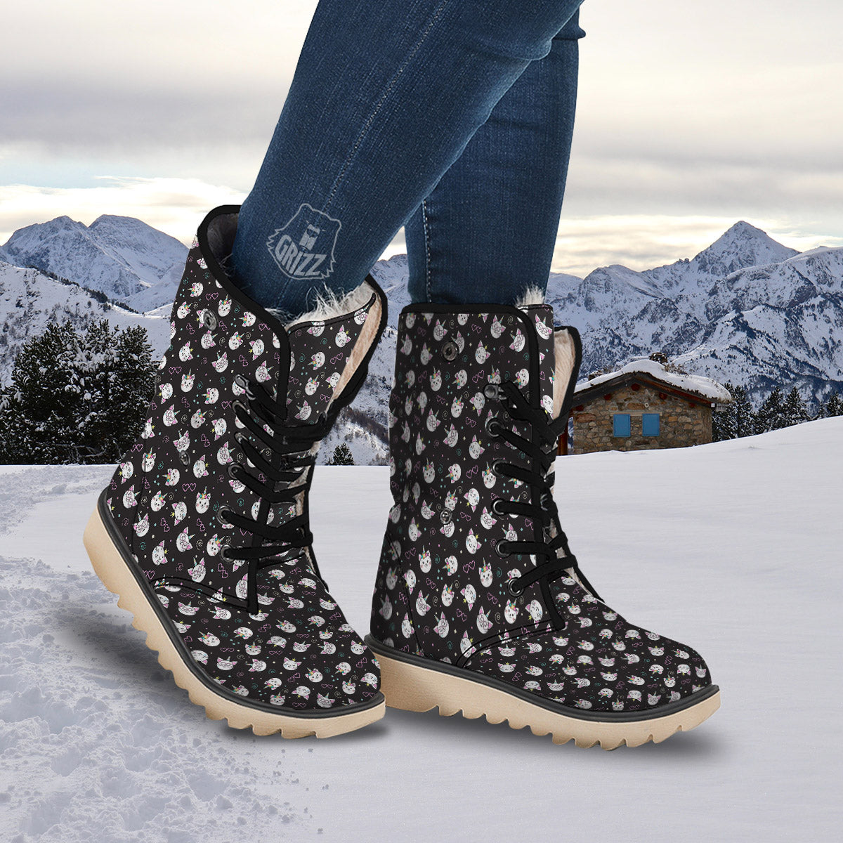 Cat Cute Black Print Pattern Snow Boots-grizzshop