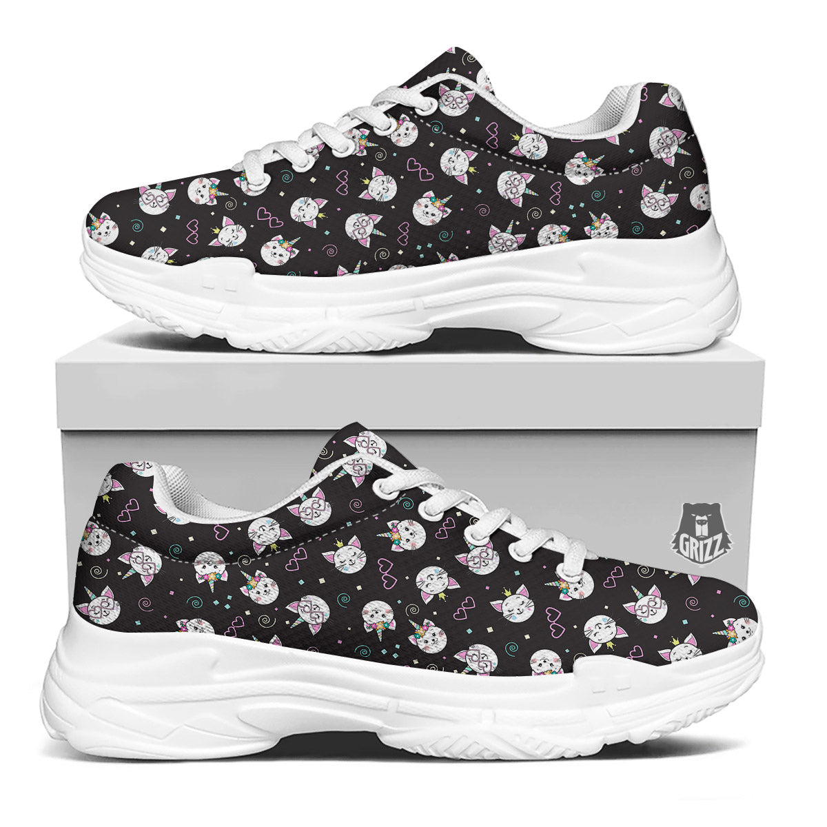 Cat Cute Black Print Pattern White Chunky Shoes-grizzshop