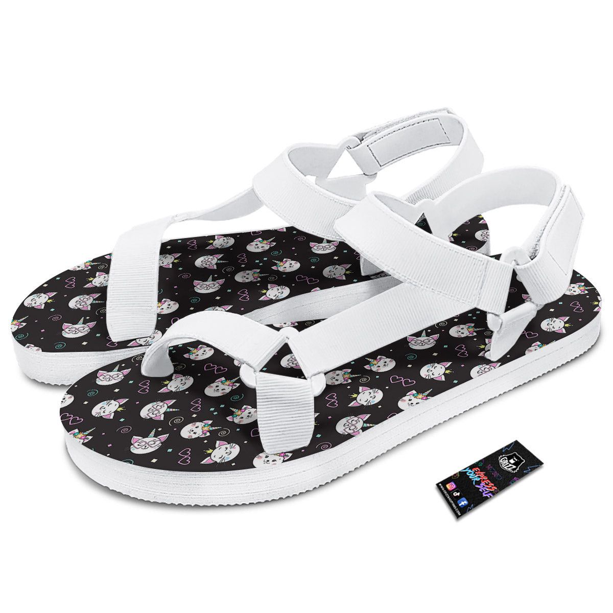 Cat Cute Black Print Pattern White Open Toe Sandals-grizzshop