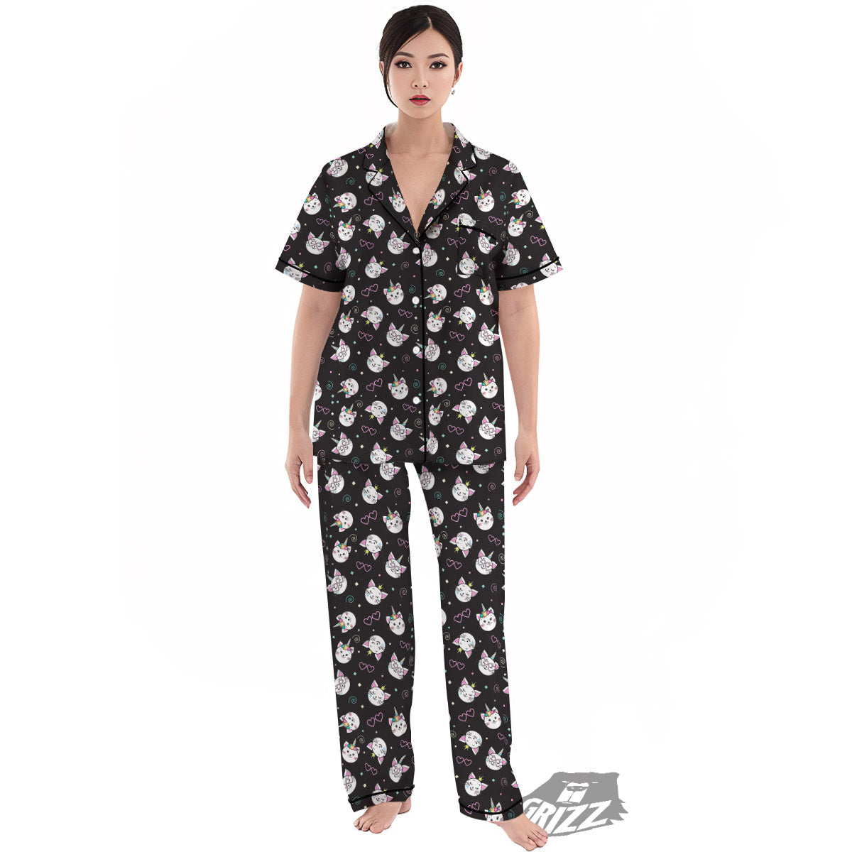 Cat Cute Black Print Pattern Women's Pajamas Set-grizzshop