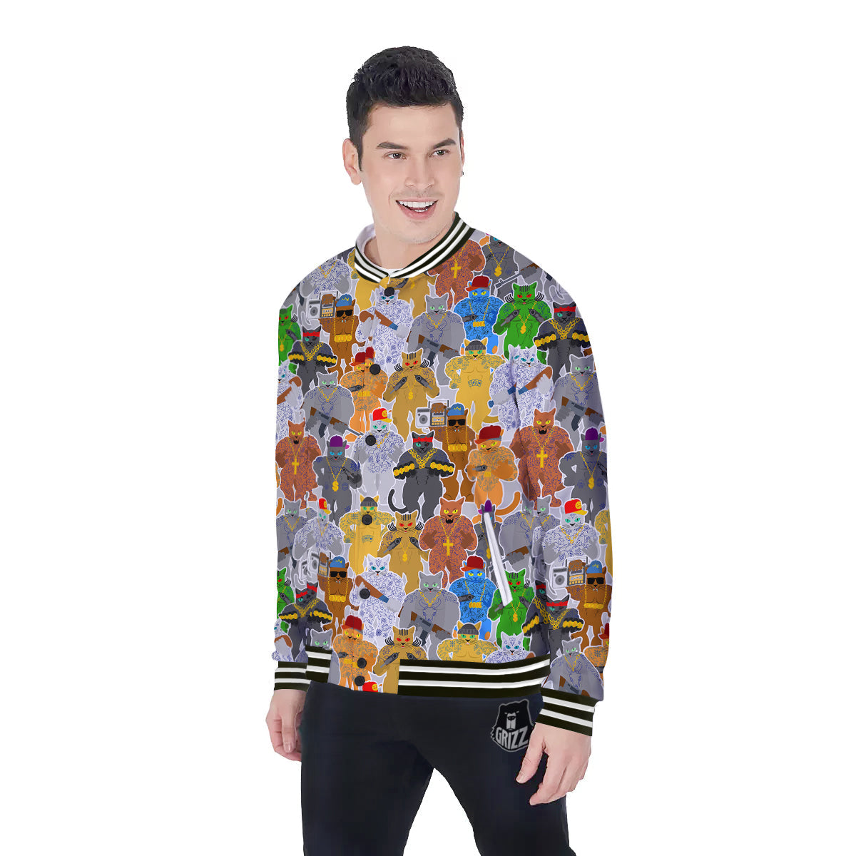 Cat Gangsta Colorful Print Pattern Baseball Jacket-grizzshop