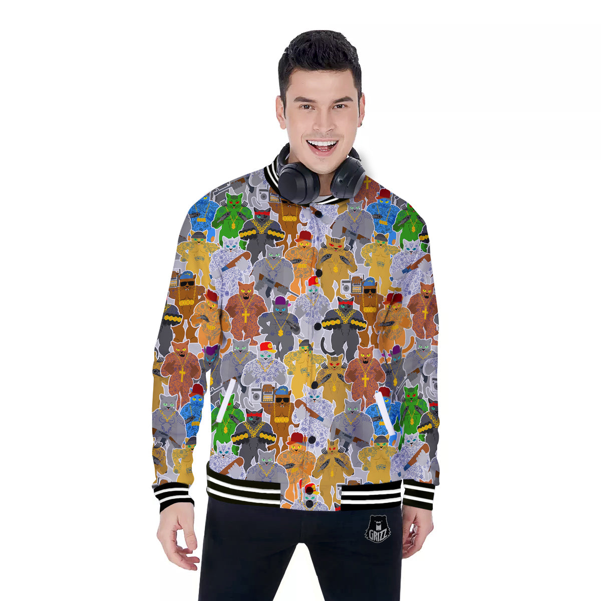 Cat Gangsta Colorful Print Pattern Baseball Jacket-grizzshop