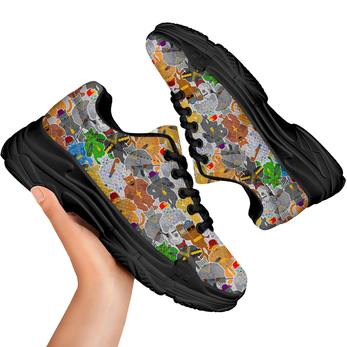 Cat Gangsta Colorful Print Pattern Black Chunky Shoes-grizzshop