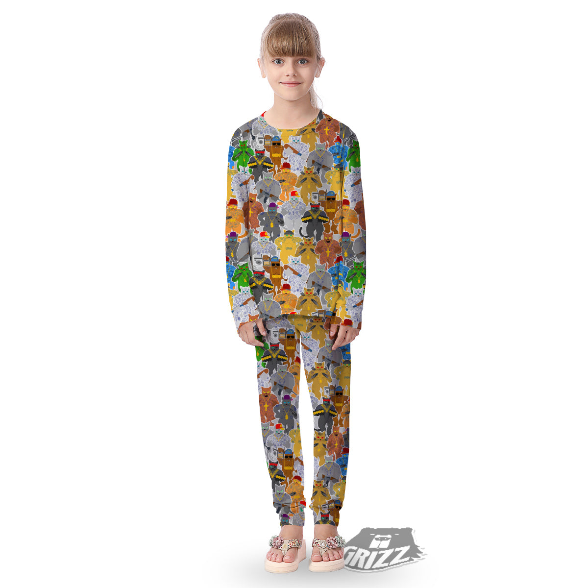 Cat Gangsta Colorful Print Pattern Kid's Pajamas-grizzshop