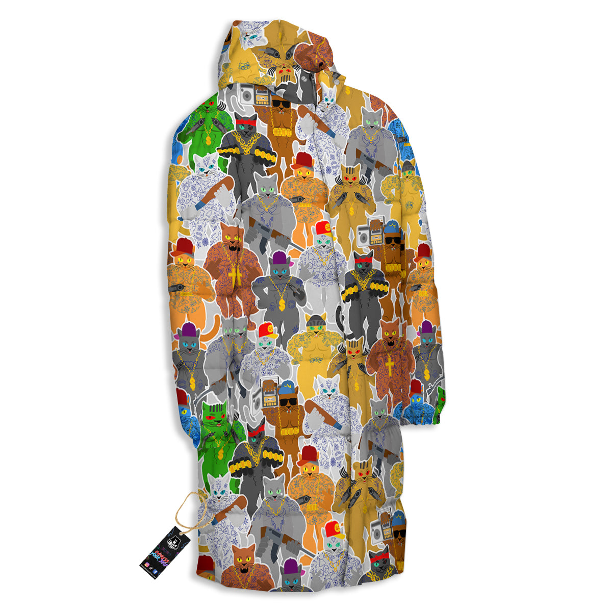 Cat Gangsta Colorful Print Pattern Long Down Jacket-grizzshop