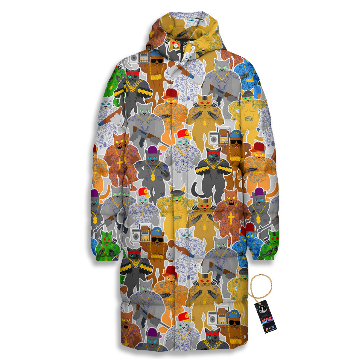 Cat Gangsta Colorful Print Pattern Long Down Jacket-grizzshop