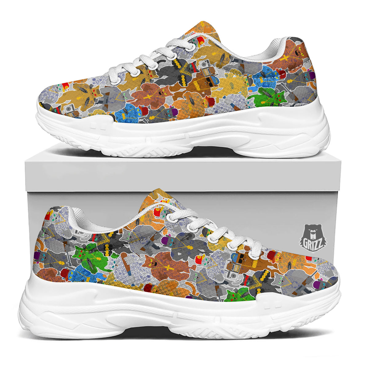 Cat Gangsta Colorful Print Pattern White Chunky Shoes-grizzshop