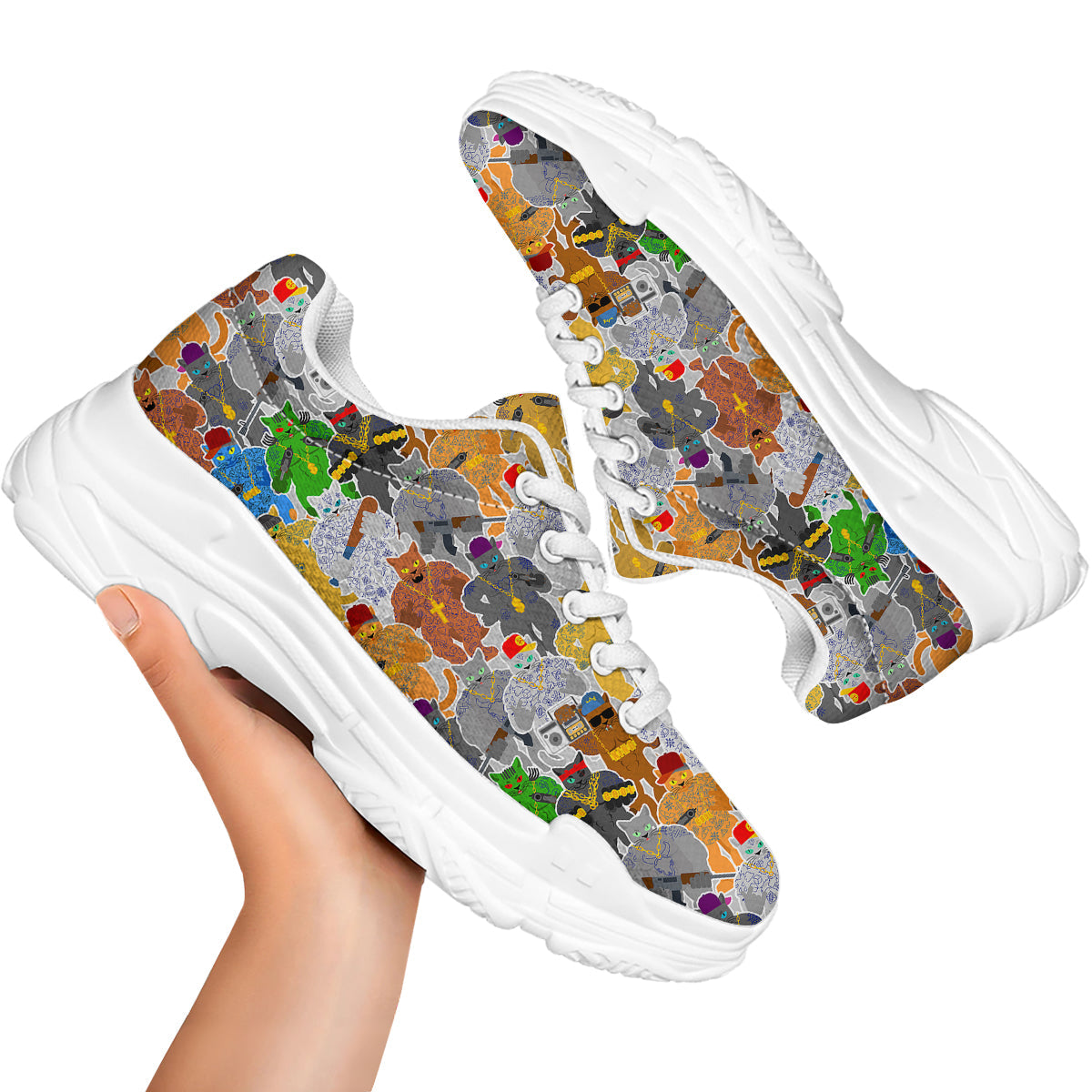 Cat Gangsta Colorful Print Pattern White Chunky Shoes-grizzshop