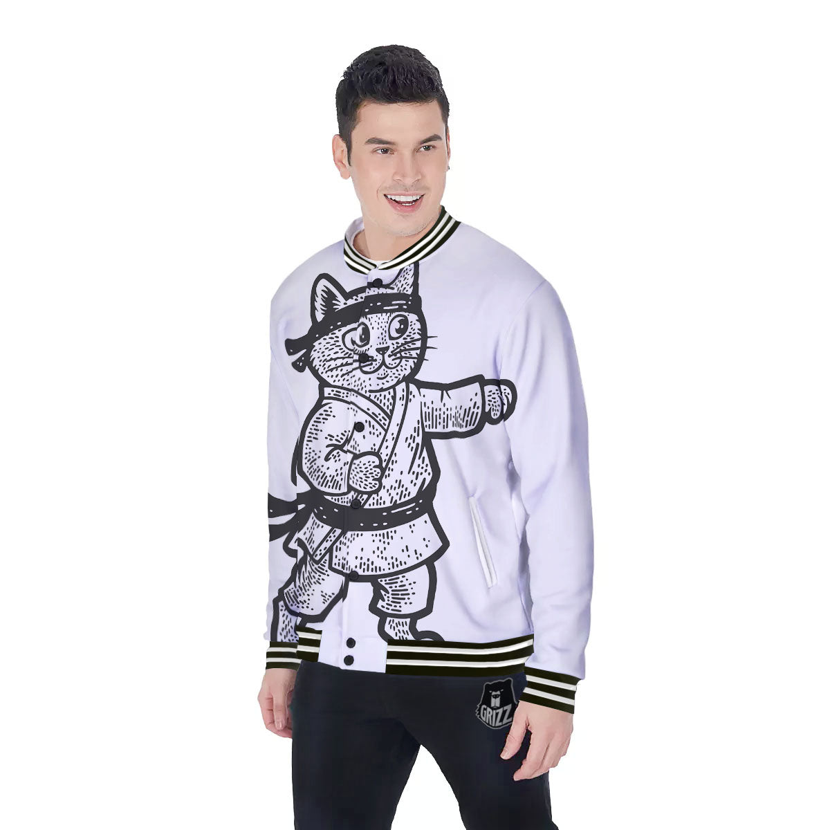 Cat Karate Print Baseball Jacket-grizzshop