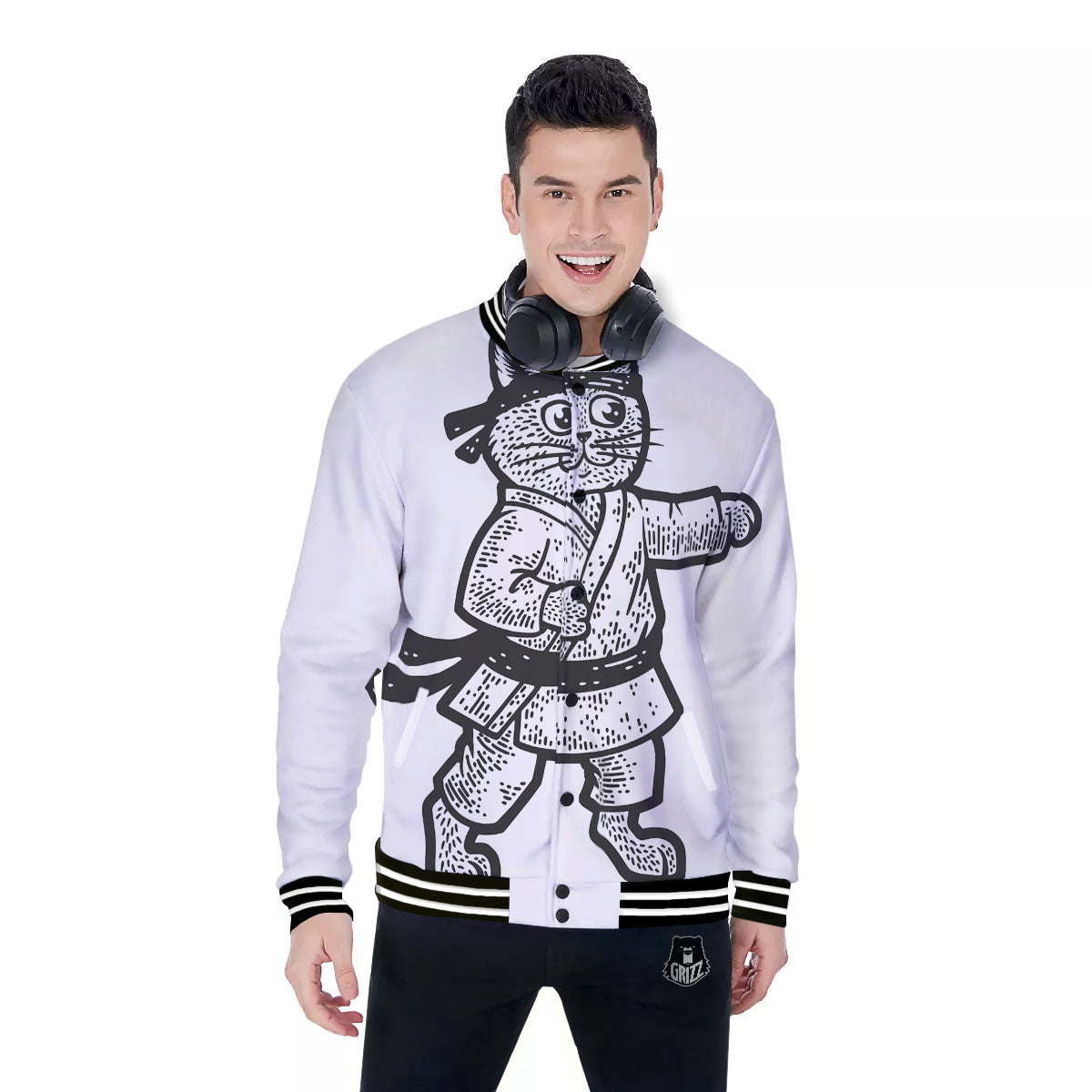 Cat Karate Print Baseball Jacket-grizzshop