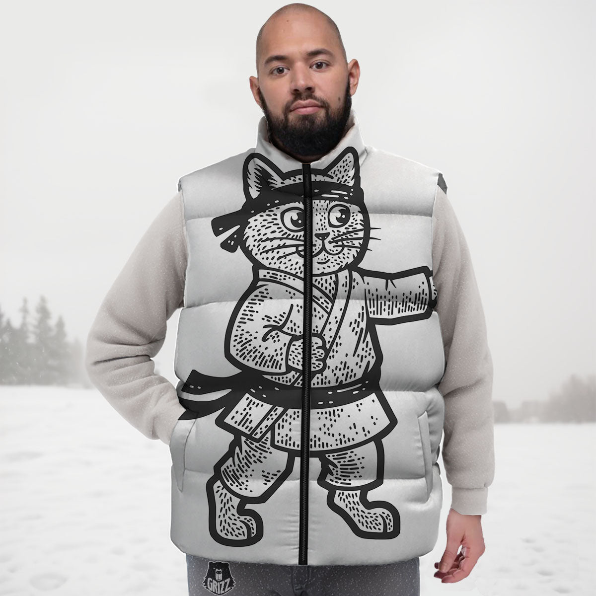 Cat Karate Print Down Vest-grizzshop