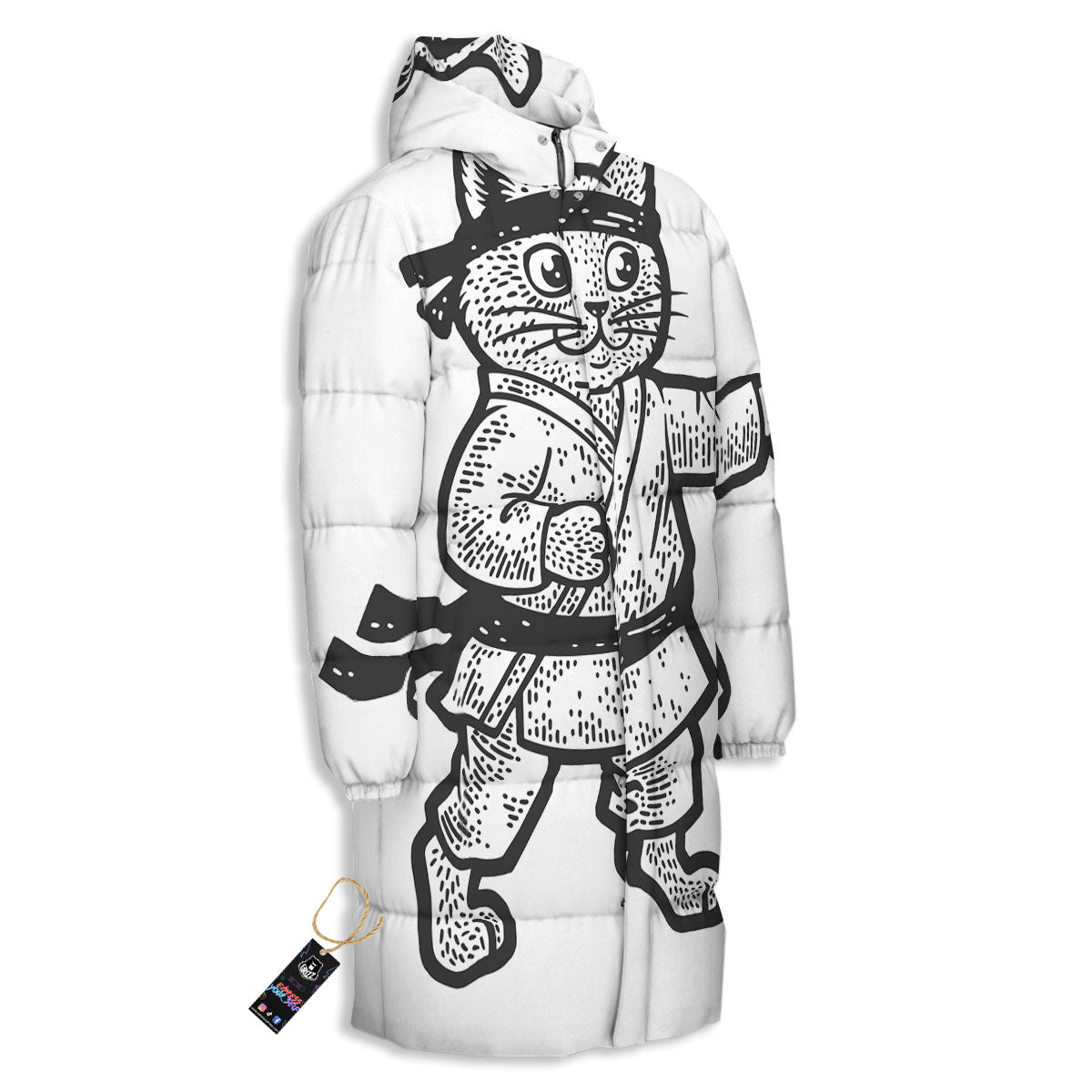 Cat Karate Print Long Down Jacket-grizzshop