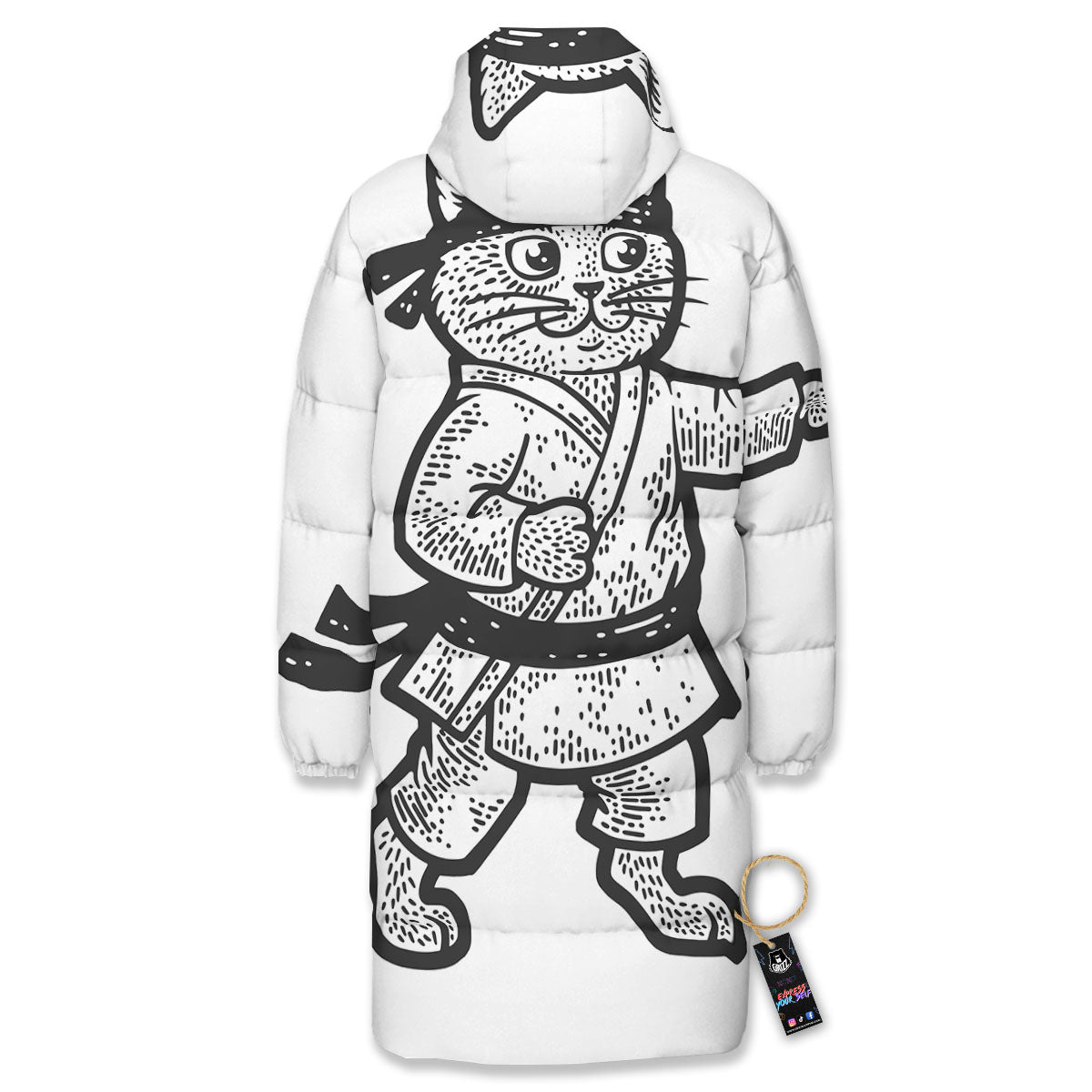 Cat Karate Print Long Down Jacket-grizzshop