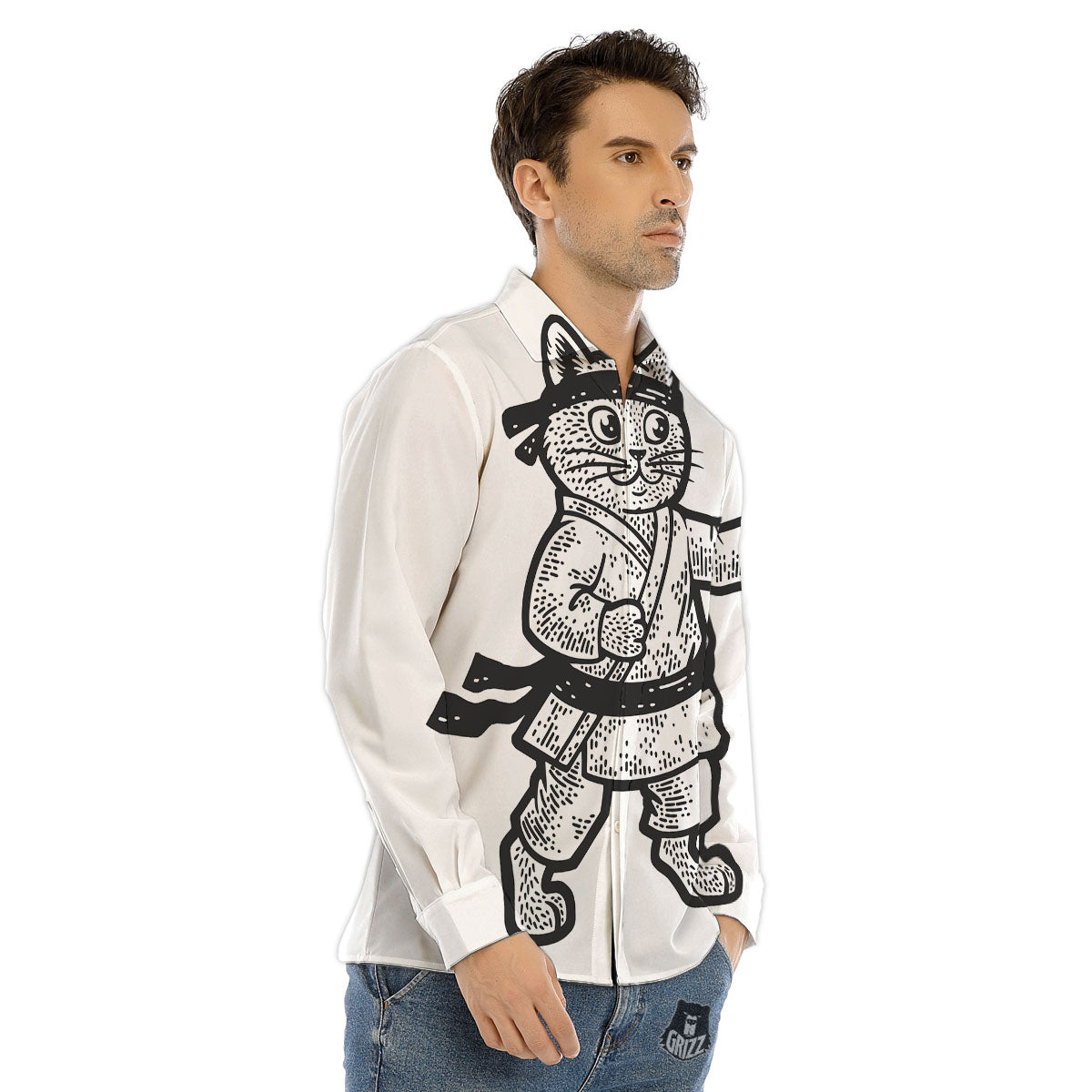 Cat Karate Print Men's Dress Shirts-grizzshop