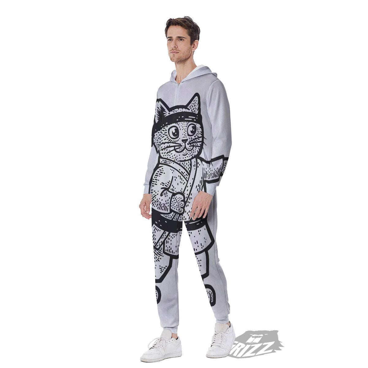 Cat Karate Print Men's Jumpsuit-grizzshop