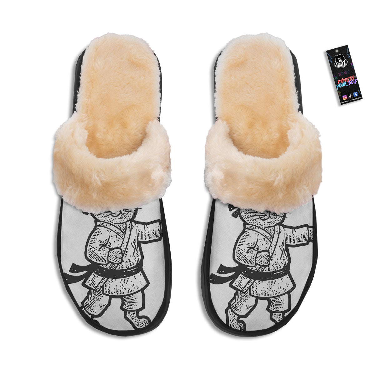 Cat Karate Print Slippers-grizzshop
