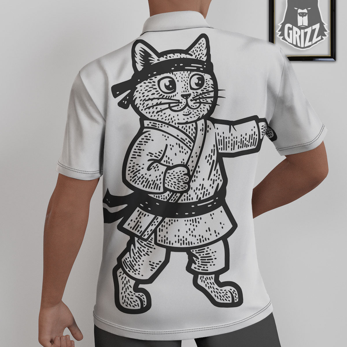 Cat Karate Print Untucked Shirts-grizzshop