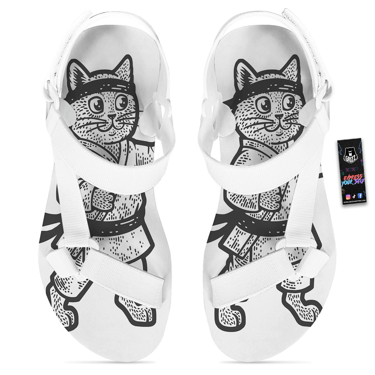 Cat Karate Print White Open Toe Sandals-grizzshop
