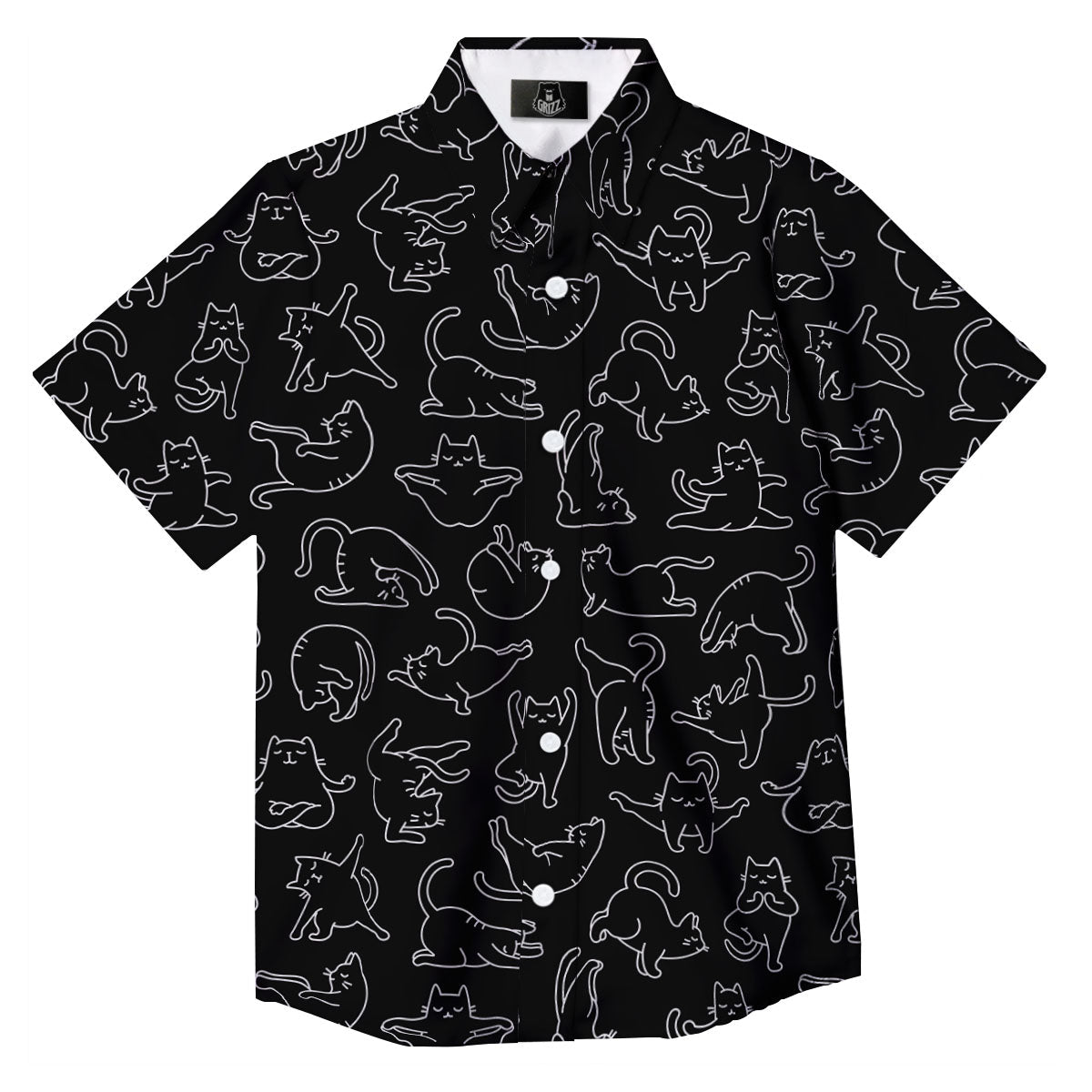 Cat White And Black Print Pattern Button Up Shirt-grizzshop