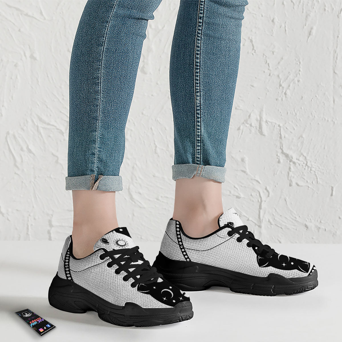 Cat Yin Yang White And Black Print Black Chunky Shoes-grizzshop