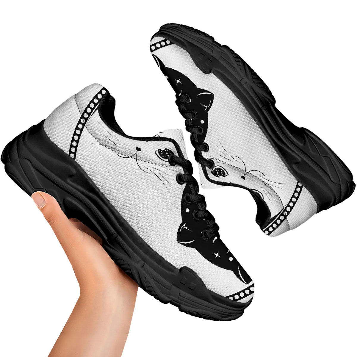 Cat Yin Yang White And Black Print Black Chunky Shoes-grizzshop