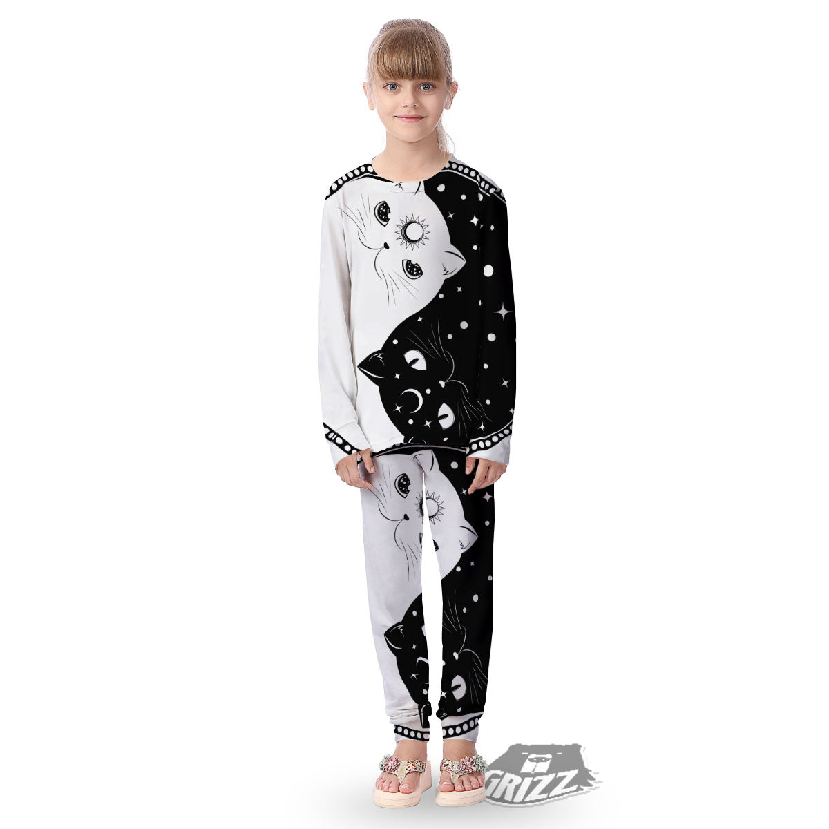 Cat Yin Yang White And Black Print Kid's Pajamas-grizzshop