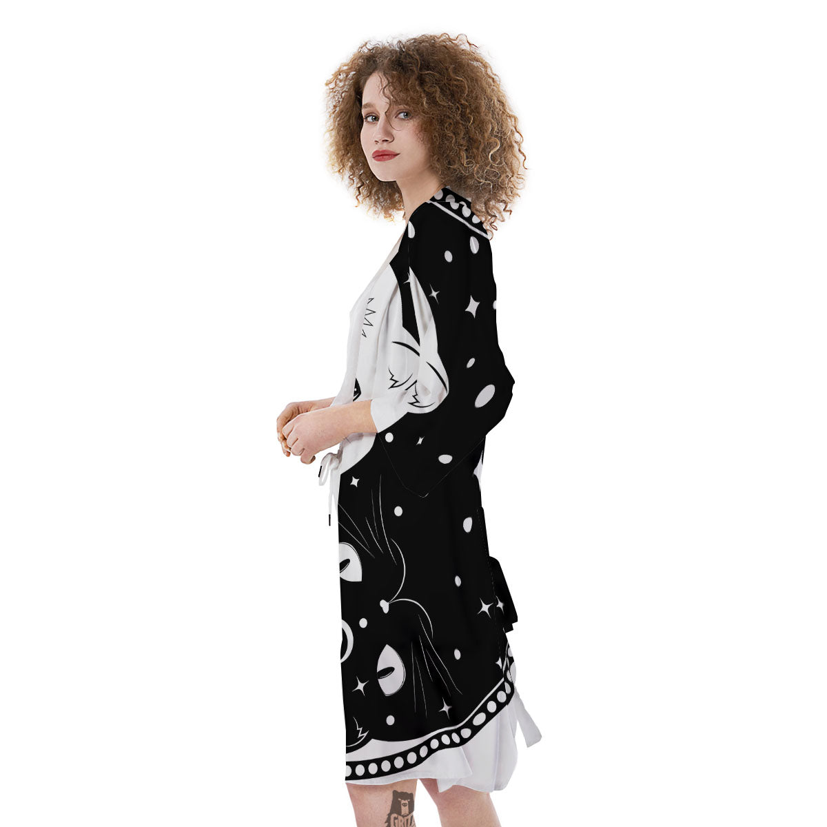 Cat Yin Yang White And Black Print Kimono-grizzshop