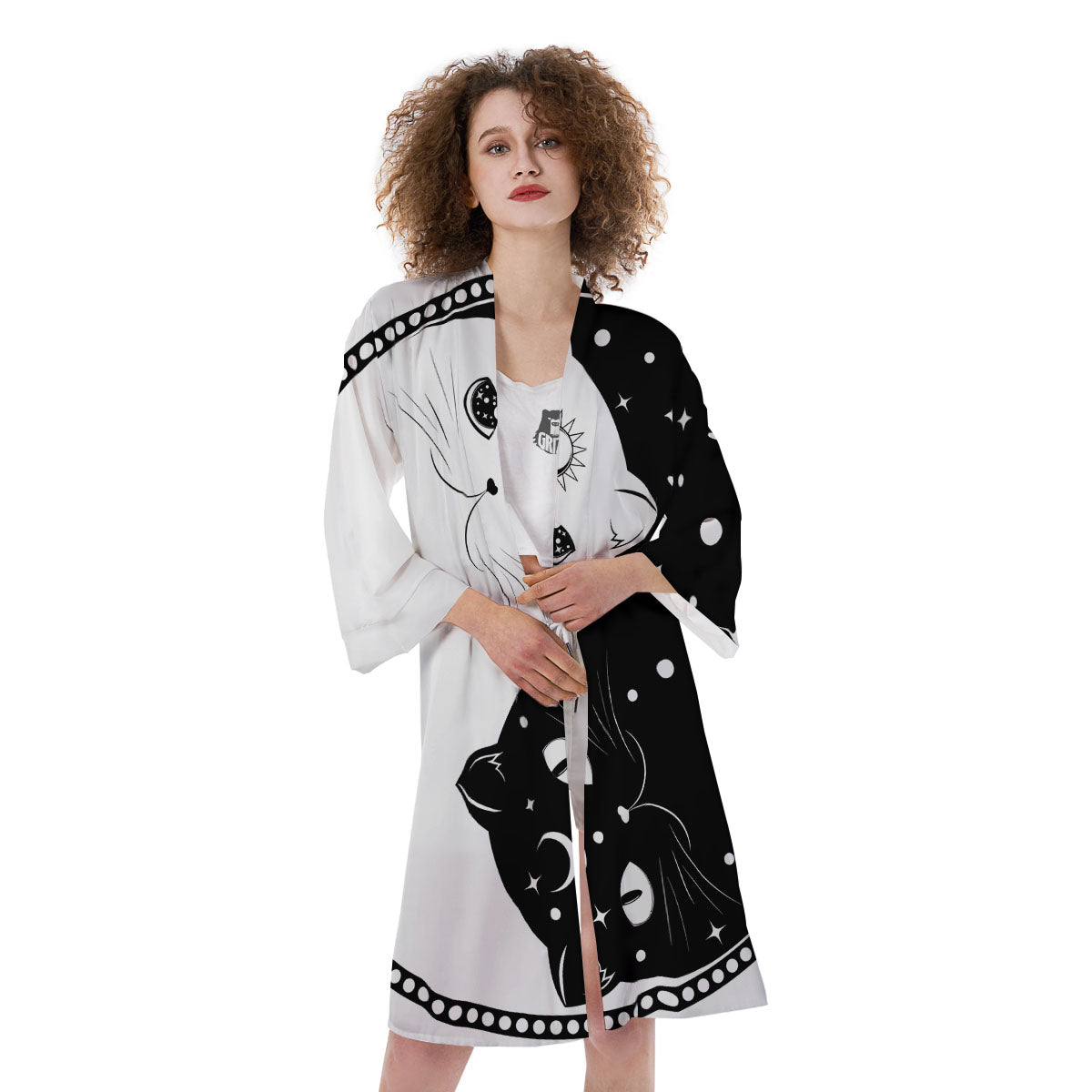 Cat Yin Yang White And Black Print Kimono-grizzshop