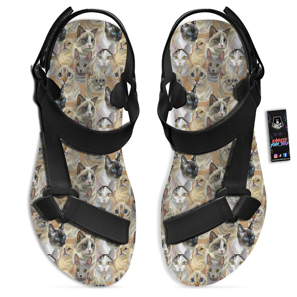 Cats Portrait Print Pattern Black Open Toe Sandals-grizzshop