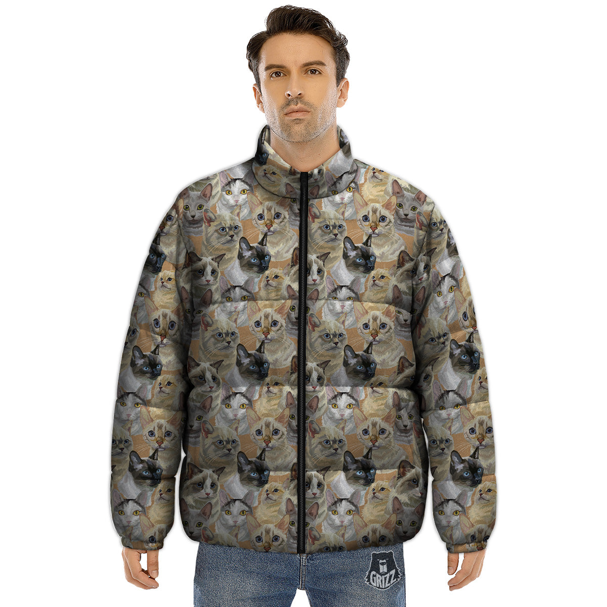 Cats Portrait Print Pattern Puffer Jacket-grizzshop